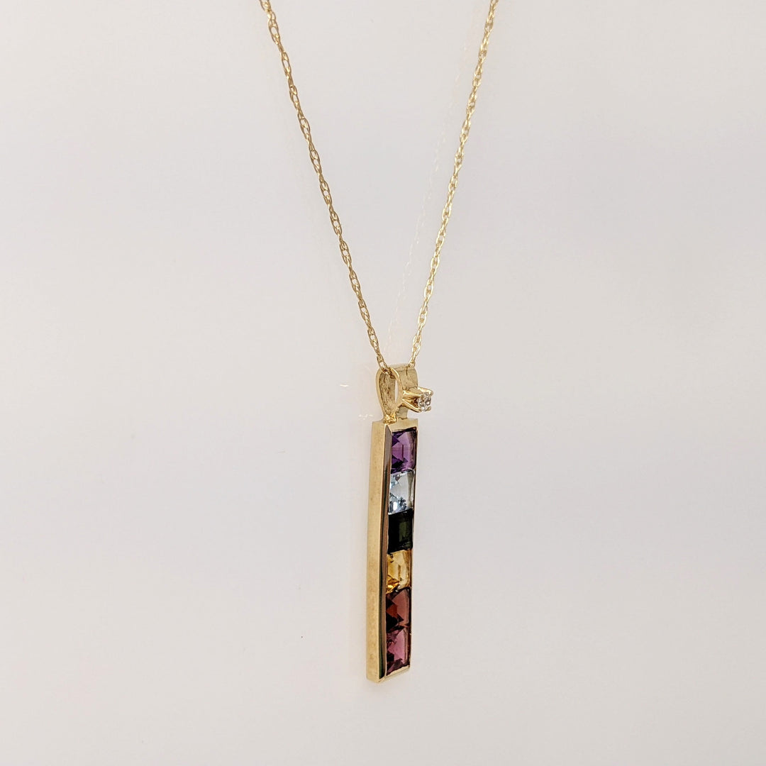 14K MULTI-COLORED PRINCESS CUT (6) 4MM WITH MELEE ESTATE PENDANT & CHAIN 2.8 GRAMS
