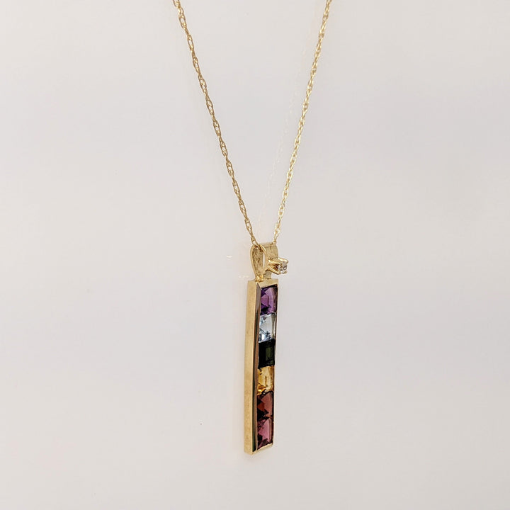 14K MULTI-COLORED PRINCESS CUT (6) 4MM WITH MELEE ESTATE PENDANT & CHAIN 2.8 GRAMS