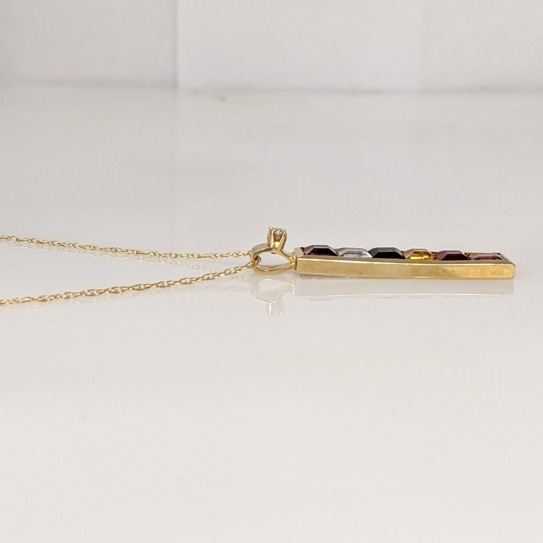 14K MULTI-COLORED PRINCESS CUT (6) 4MM WITH MELEE ESTATE PENDANT & CHAIN 2.8 GRAMS