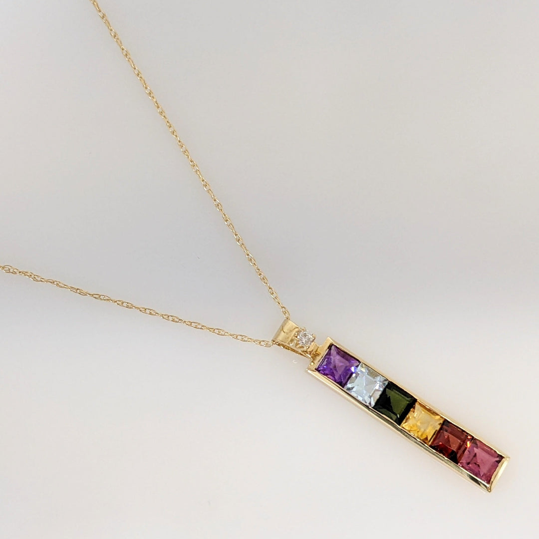 14K MULTI-COLORED PRINCESS CUT (6) 4MM WITH MELEE ESTATE PENDANT & CHAIN 2.8 GRAMS