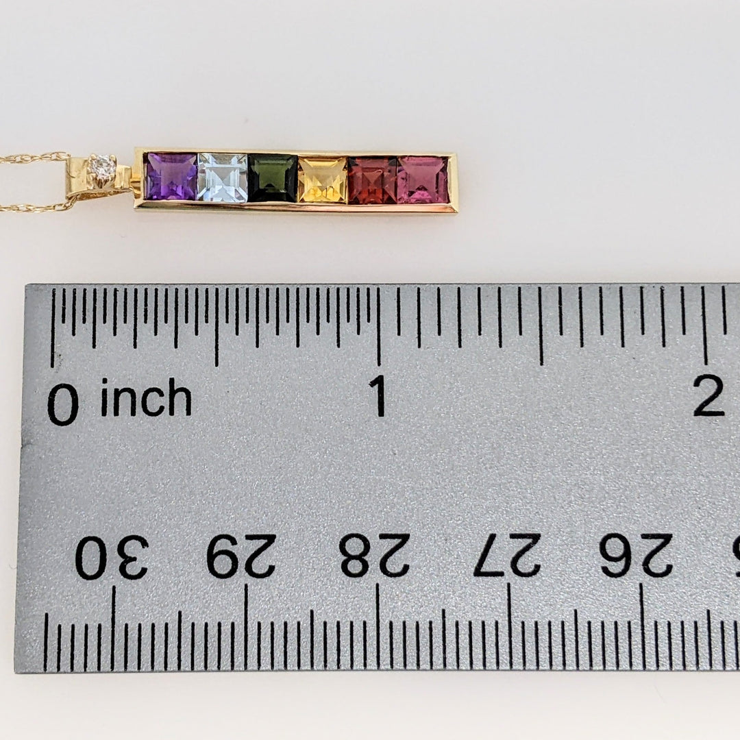 14K MULTI-COLORED PRINCESS CUT (6) 4MM WITH MELEE ESTATE PENDANT & CHAIN 2.8 GRAMS