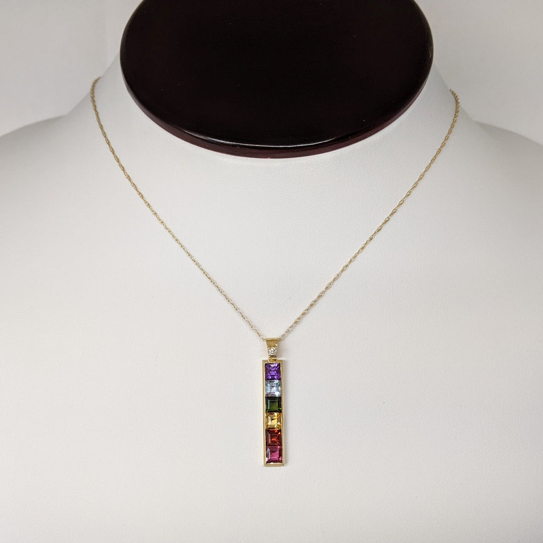 14K MULTI-COLORED PRINCESS CUT (6) 4MM WITH MELEE ESTATE PENDANT & CHAIN 2.8 GRAMS