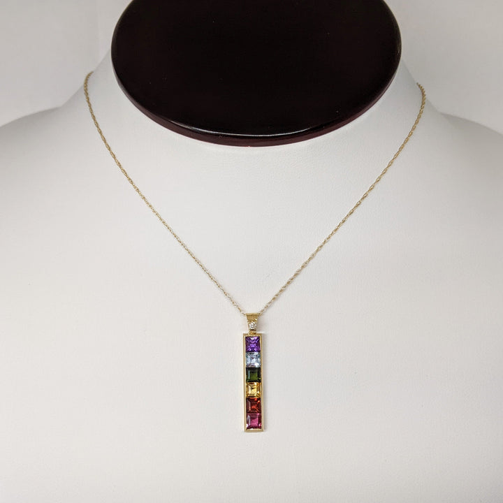 14K MULTI-COLORED PRINCESS CUT (6) 4MM WITH MELEE ESTATE PENDANT & CHAIN 2.8 GRAMS