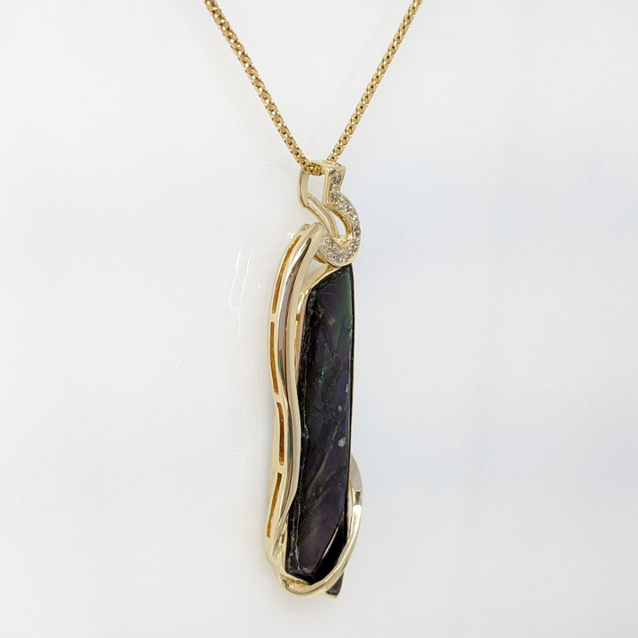 14K AMMOLITE FREE FORM 10X42 WITH (9) MELEE ESTATE PENDANT & CHAIN 9.9 GRAMS