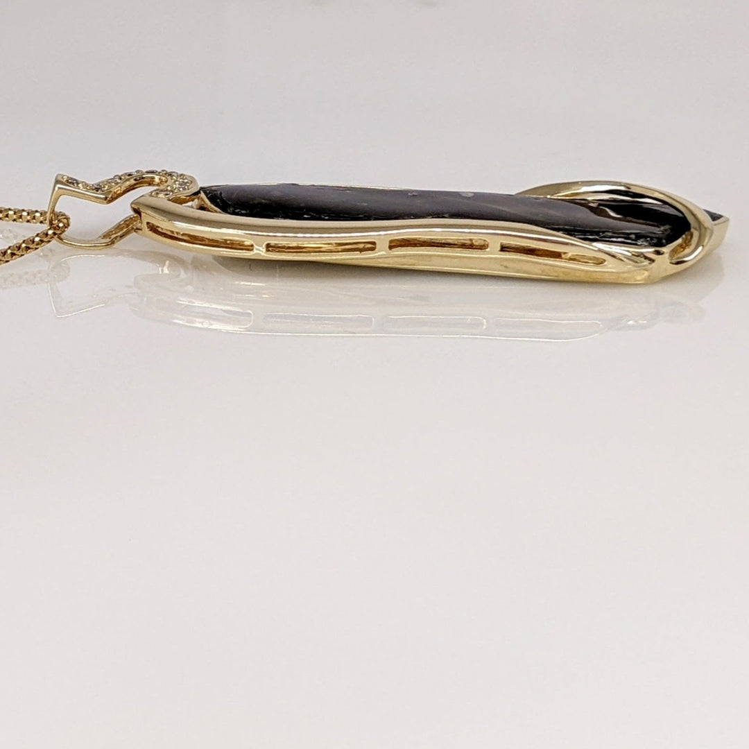 14K AMMOLITE FREE FORM 10X42 WITH (9) MELEE ESTATE PENDANT & CHAIN 9.9 GRAMS