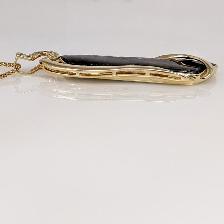 14K AMMOLITE FREE FORM 10X42 WITH (9) MELEE ESTATE PENDANT & CHAIN 9.9 GRAMS