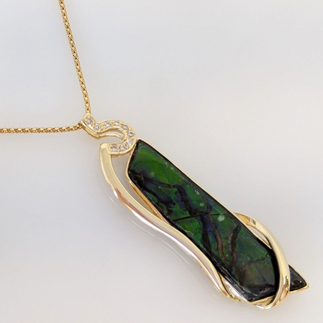 14K AMMOLITE FREE FORM 10X42 WITH (9) MELEE ESTATE PENDANT & CHAIN 9.9 GRAMS