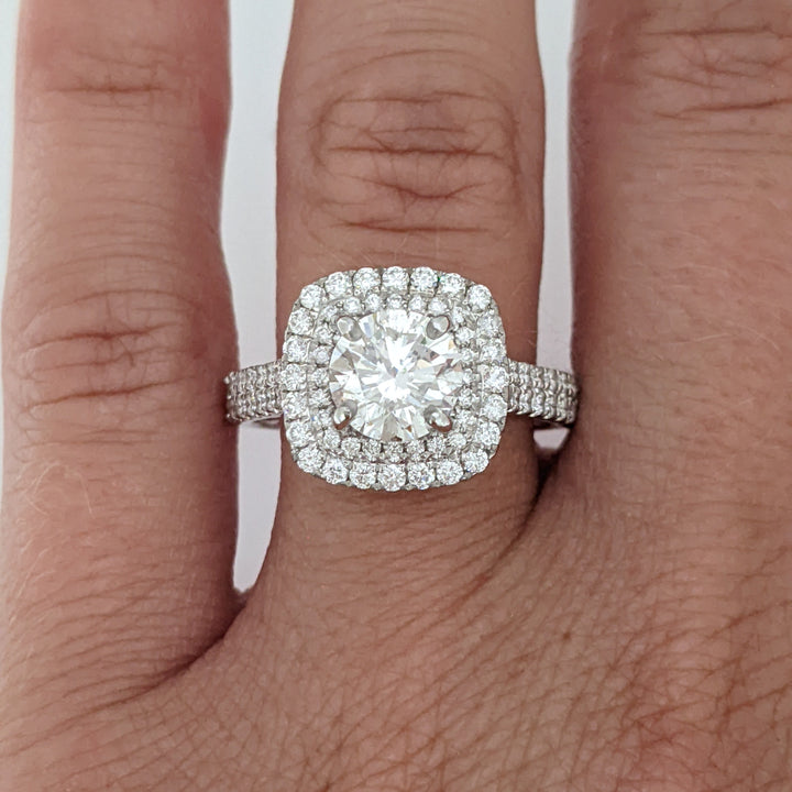 18K WHITE 1.29 CARAT TOTAL SI3 H DIAMOND ROUND WITH .67 DIAMOND TOTAL WEIGHT HALO ESTATE RING 4.2 GRAMS
