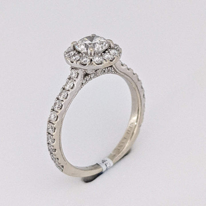 14K WHITE 1.37 CARAT TOTAL WEIGHT SI2 F DIAMOND ROUND (55) ESTATE "NEIL LANE" HALO RING 3.2 GRAMS