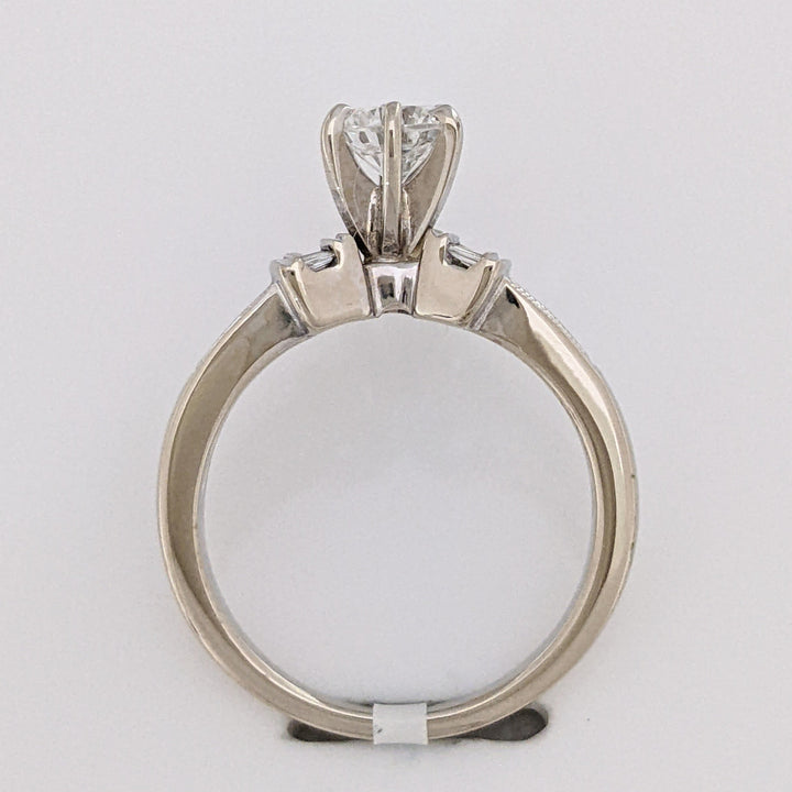 18K WHITE .70 CARAT TOTAL VS2 E DIAMOND ROUND WITH (12) BAGUETTE CUT AND (4) PRINCESS CUT ESTATE RING 5.4 GRAMS