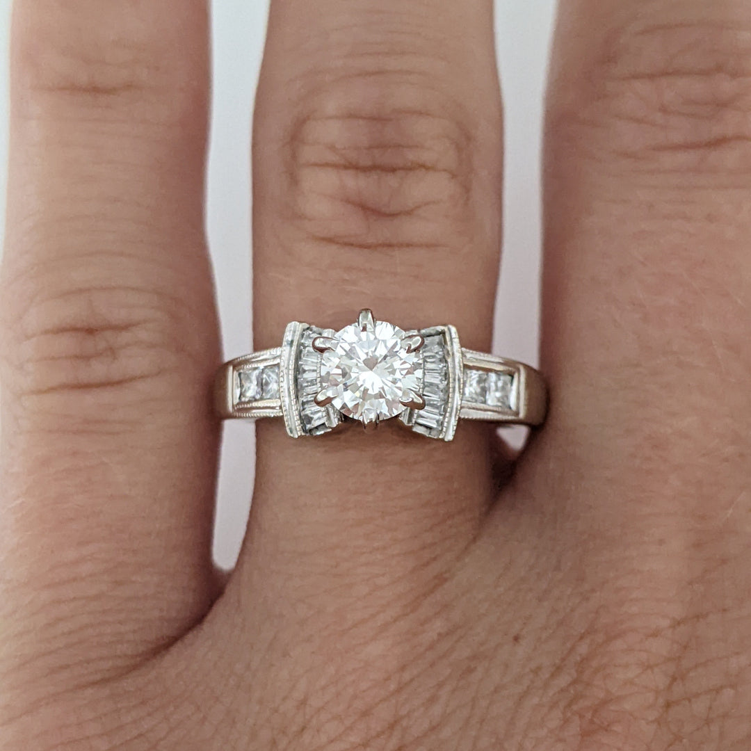 18K WHITE .70 CARAT TOTAL VS2 E DIAMOND ROUND WITH (12) BAGUETTE CUT AND (4) PRINCESS CUT ESTATE RING 5.4 GRAMS
