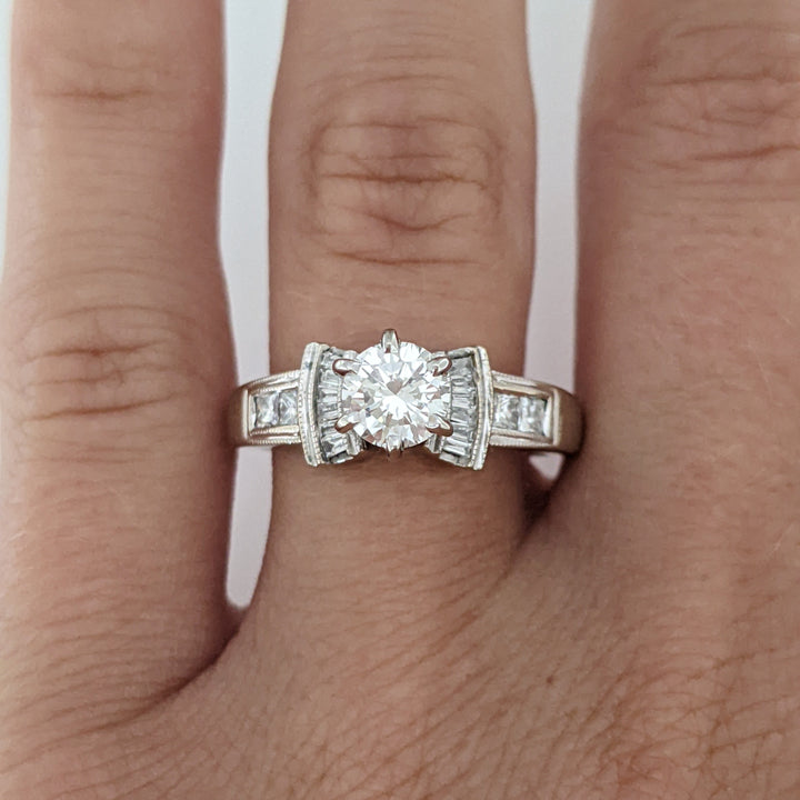 18K WHITE .70 CARAT TOTAL VS2 E DIAMOND ROUND WITH (12) BAGUETTE CUT AND (4) PRINCESS CUT ESTATE RING 5.4 GRAMS