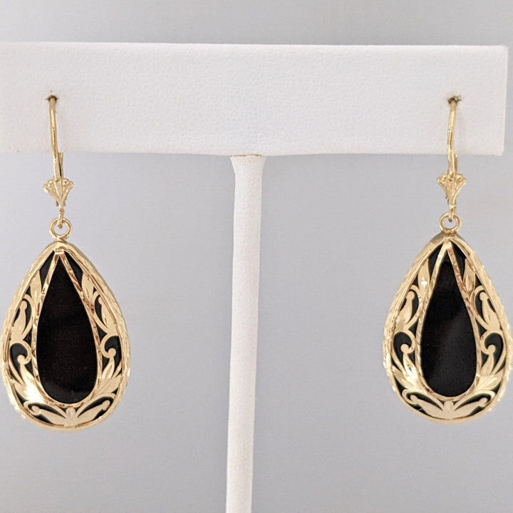 14K ONYX PEAR 17X27 GOLD DESIGN LEVERBACK ESTATE EARRINGS 8.4 GRAMS