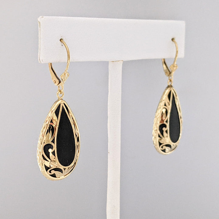 14K ONYX PEAR 17X27 GOLD DESIGN LEVERBACK ESTATE EARRINGS 8.4 GRAMS