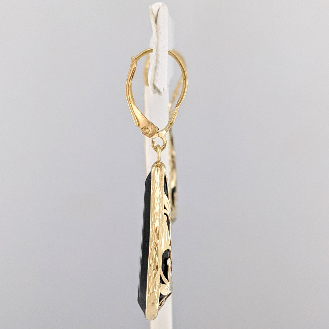14K ONYX PEAR 17X27 GOLD DESIGN LEVERBACK ESTATE EARRINGS 8.4 GRAMS