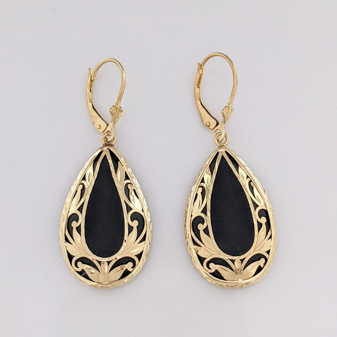 14K ONYX PEAR 17X27 GOLD DESIGN LEVERBACK ESTATE EARRINGS 8.4 GRAMS