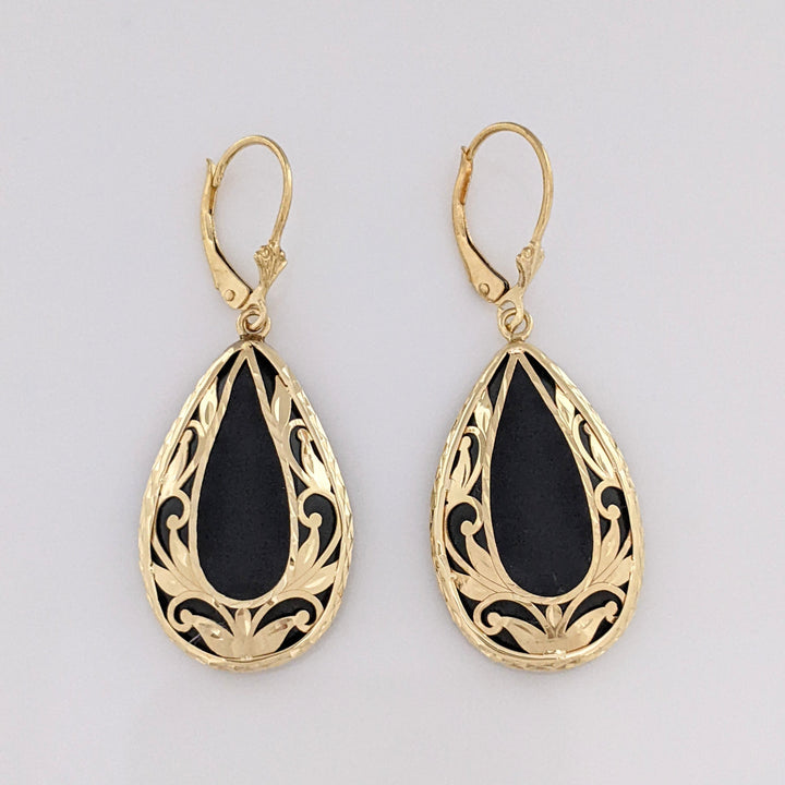 14K ONYX PEAR 17X27 GOLD DESIGN LEVERBACK ESTATE EARRINGS 8.4 GRAMS