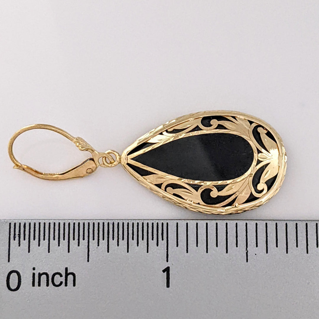 14K ONYX PEAR 17X27 GOLD DESIGN LEVERBACK ESTATE EARRINGS 8.4 GRAMS