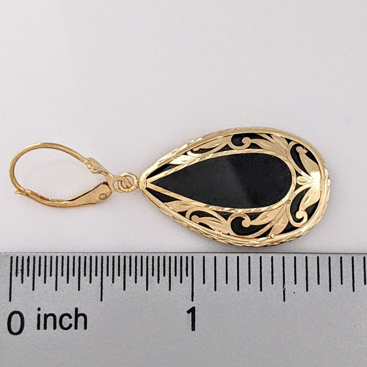 14K ONYX PEAR 17X27 GOLD DESIGN LEVERBACK ESTATE EARRINGS 8.4 GRAMS