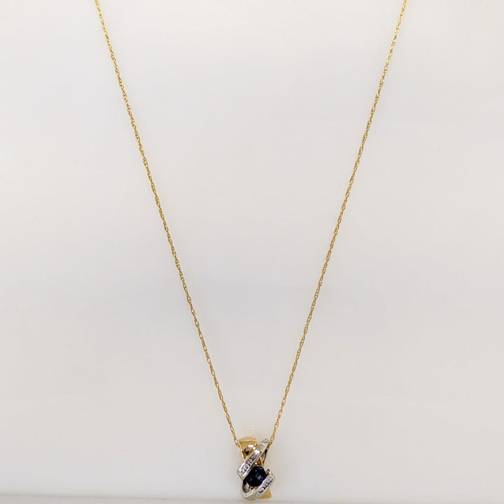 18K TWO-TONE SAPPHIRE OVAL 4X5 WITH (6) MELEE ESTATE "X" PENDANT & 14K CHAIN 3.1 GRAMS