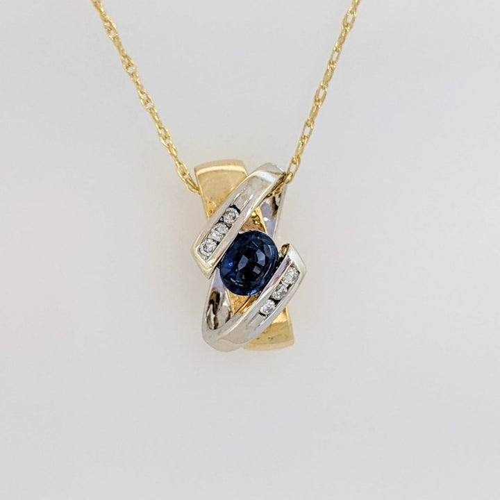 18K TWO-TONE SAPPHIRE OVAL 4X5 WITH (6) MELEE ESTATE "X" PENDANT & 14K CHAIN 3.1 GRAMS