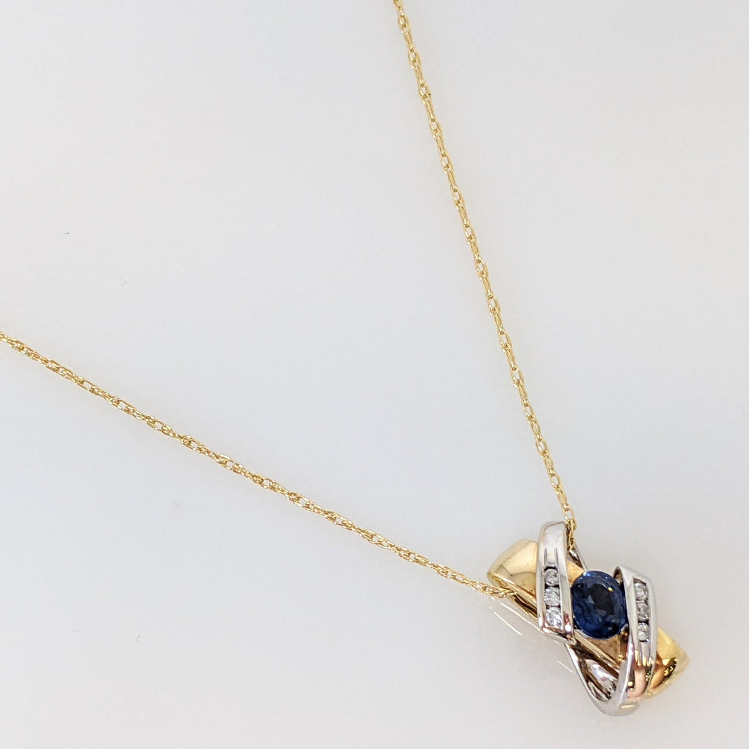 18K TWO-TONE SAPPHIRE OVAL 4X5 WITH (6) MELEE ESTATE "X" PENDANT & 14K CHAIN 3.1 GRAMS