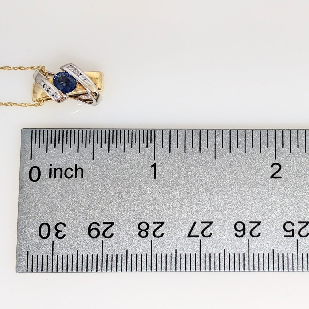 18K TWO-TONE SAPPHIRE OVAL 4X5 WITH (6) MELEE ESTATE "X" PENDANT & 14K CHAIN 3.1 GRAMS