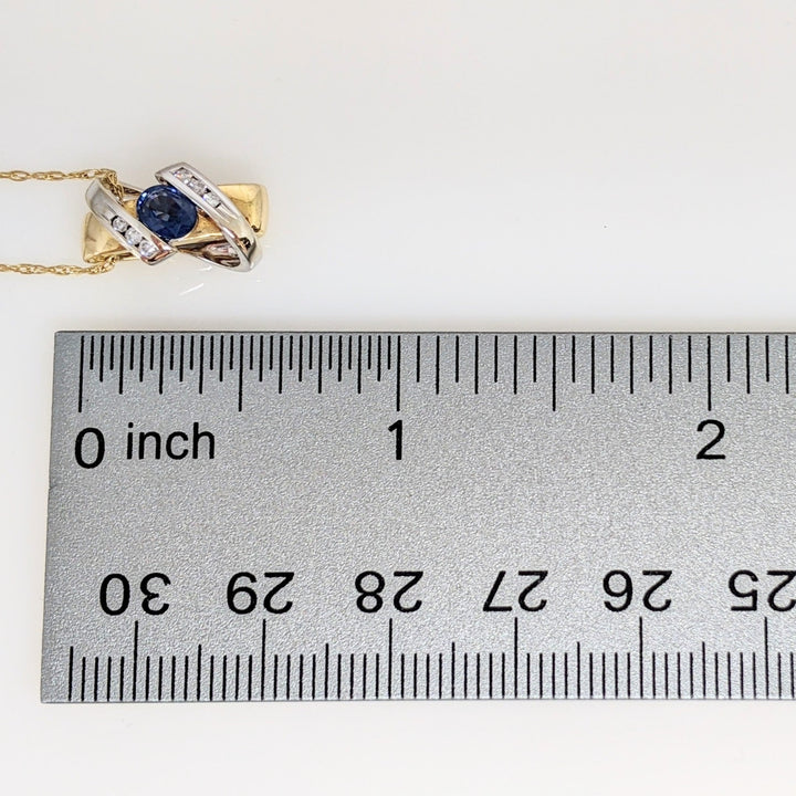 18K TWO-TONE SAPPHIRE OVAL 4X5 WITH (6) MELEE ESTATE "X" PENDANT & 14K CHAIN 3.1 GRAMS