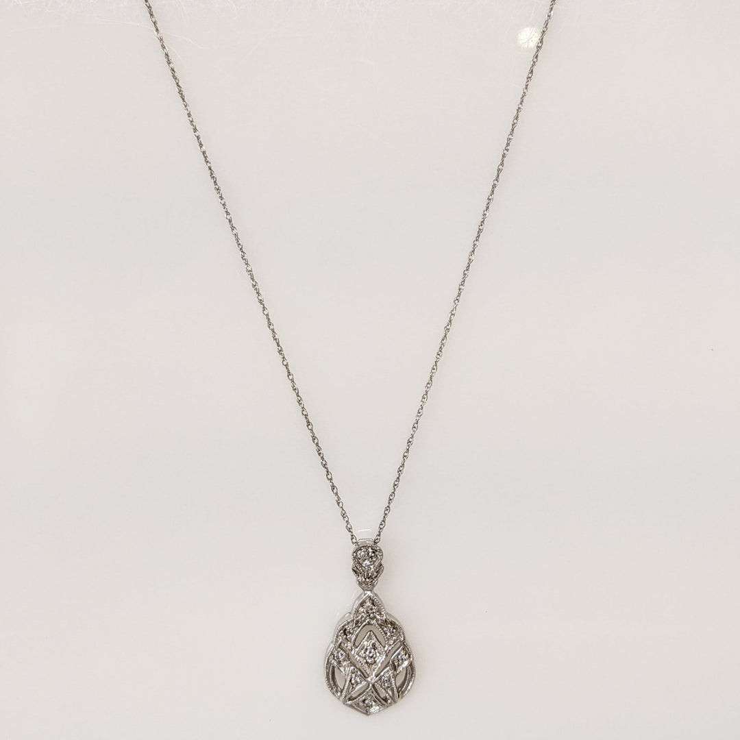 14K WHITE DIAMOND ROUND OPEN FANCY ESTATE PENDANT & CHAIN 2.4 GRAMS