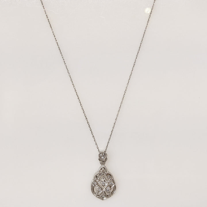 14K WHITE DIAMOND ROUND OPEN FANCY ESTATE PENDANT & CHAIN 2.4 GRAMS