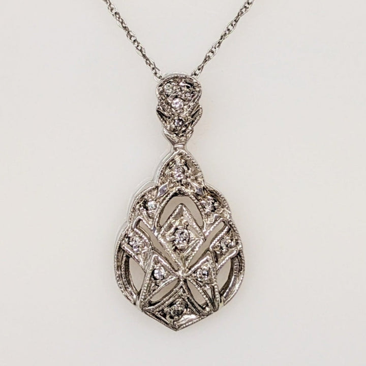 14K WHITE DIAMOND ROUND OPEN FANCY ESTATE PENDANT & CHAIN 2.4 GRAMS