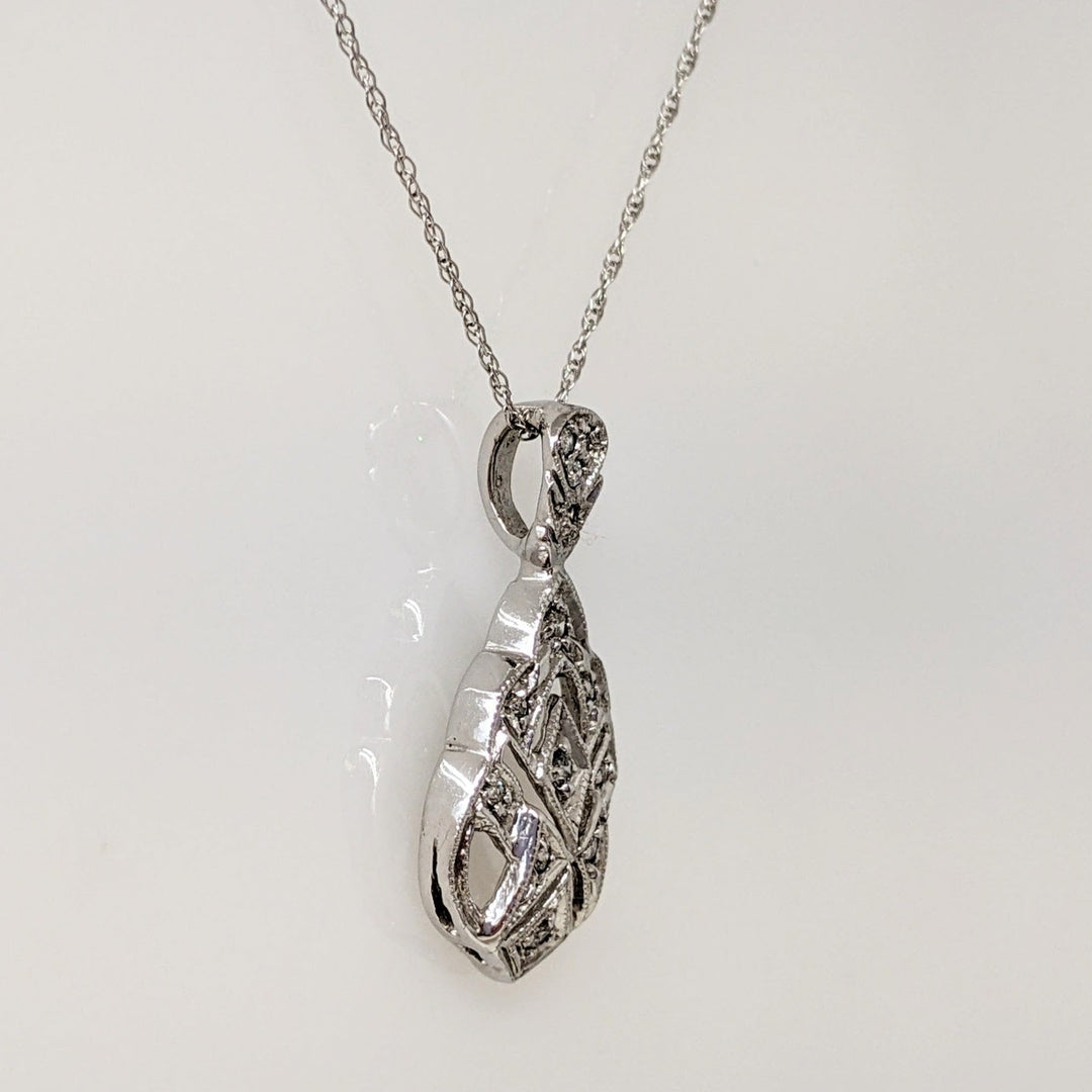 14K WHITE DIAMOND ROUND OPEN FANCY ESTATE PENDANT & CHAIN 2.4 GRAMS
