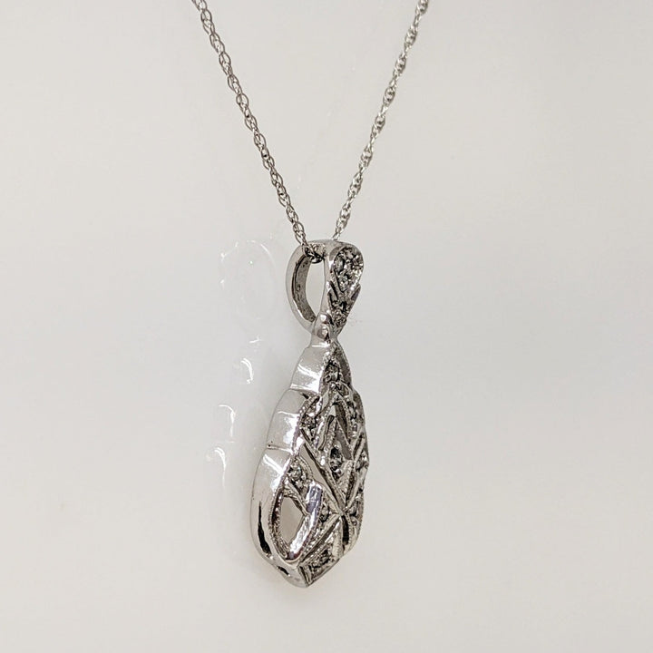 14K WHITE DIAMOND ROUND OPEN FANCY ESTATE PENDANT & CHAIN 2.4 GRAMS