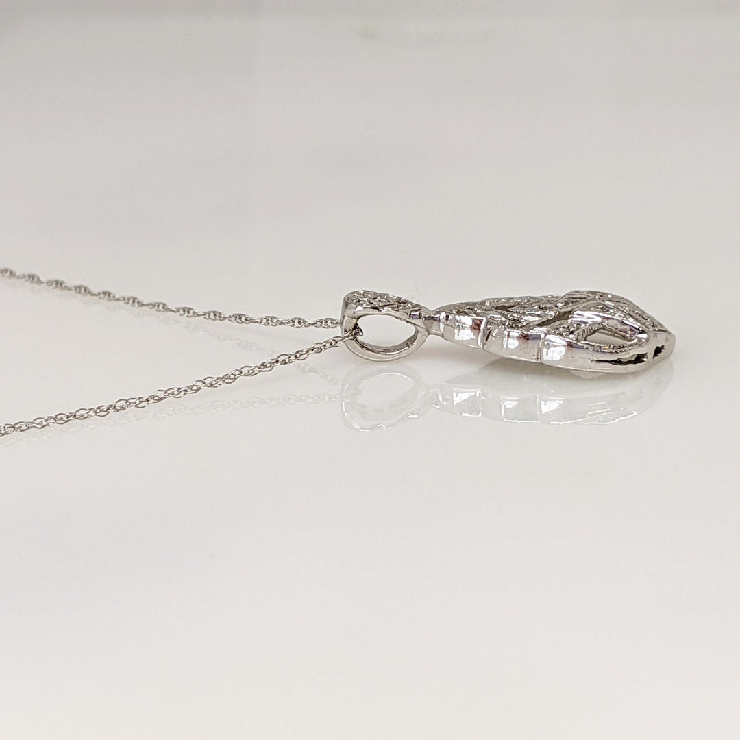 14K WHITE DIAMOND ROUND OPEN FANCY ESTATE PENDANT & CHAIN 2.4 GRAMS
