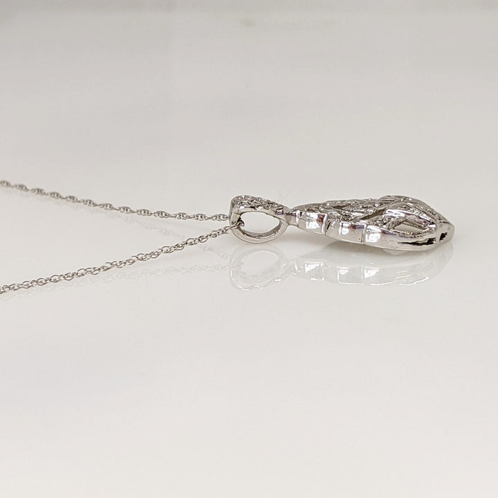 14K WHITE DIAMOND ROUND OPEN FANCY ESTATE PENDANT & CHAIN 2.4 GRAMS