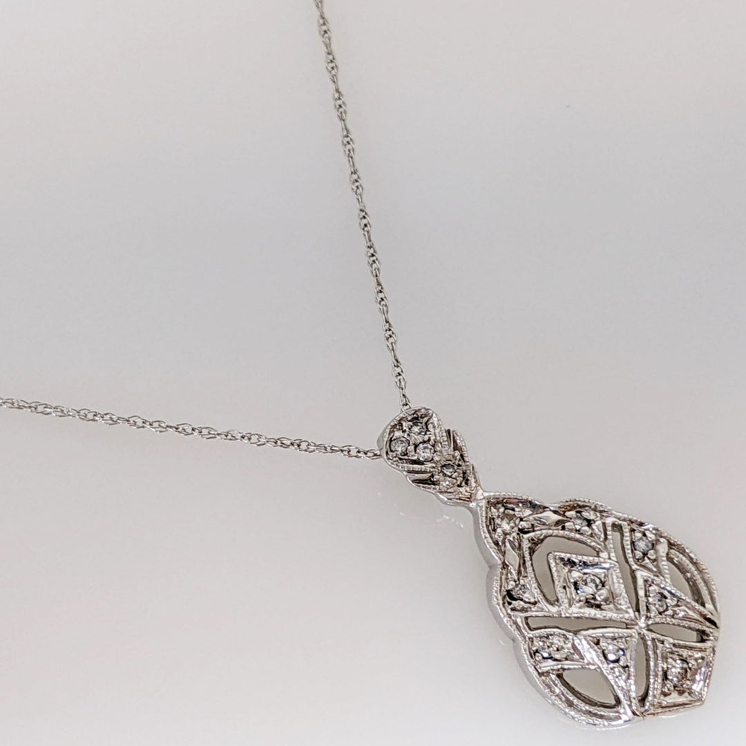 14K WHITE DIAMOND ROUND OPEN FANCY ESTATE PENDANT & CHAIN 2.4 GRAMS