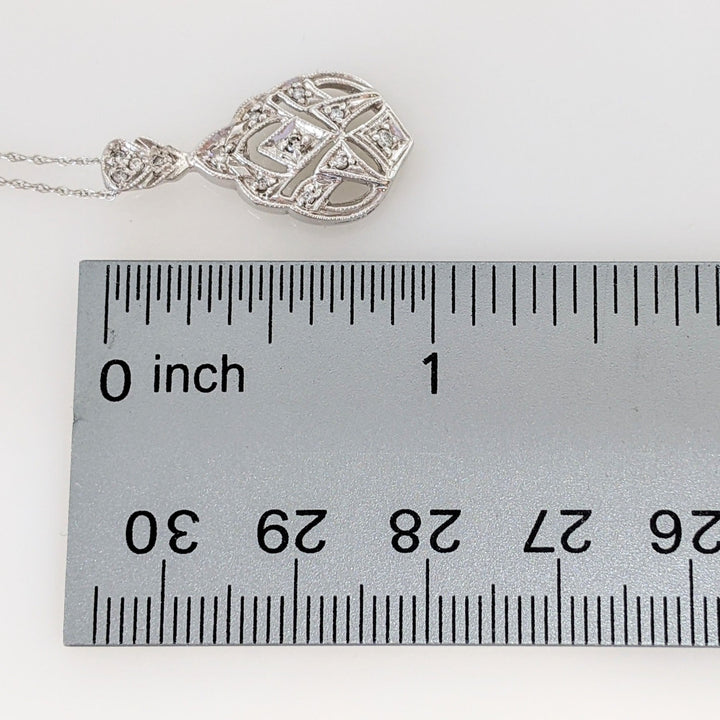 14K WHITE DIAMOND ROUND OPEN FANCY ESTATE PENDANT & CHAIN 2.4 GRAMS