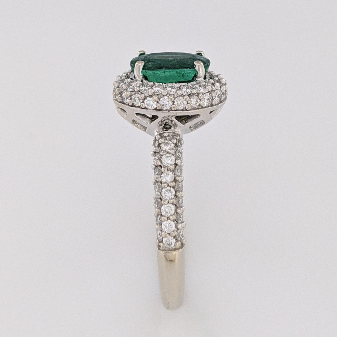 18K WHITE 1.25 CARAT TOTAL EMERALD ROUND WITH .78 DIAMOND TOTAL WEIGHT HALO ESTATE RING 4.5 GRAMS