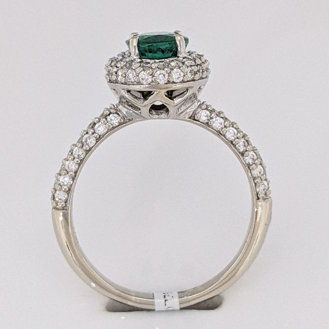 18K WHITE 1.25 CARAT TOTAL EMERALD ROUND WITH .78 DIAMOND TOTAL WEIGHT HALO ESTATE RING 4.5 GRAMS