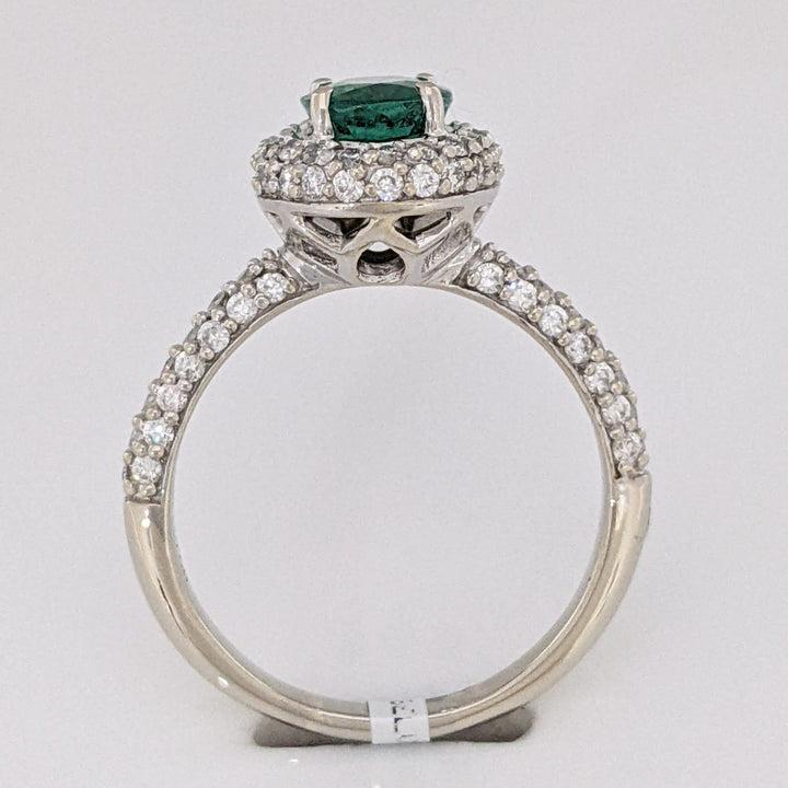 18K WHITE 1.25 CARAT TOTAL EMERALD ROUND WITH .78 DIAMOND TOTAL WEIGHT HALO ESTATE RING 4.5 GRAMS