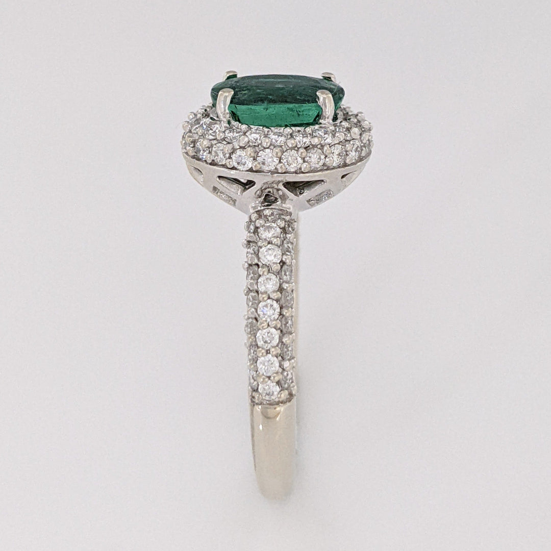 18K WHITE 1.25 CARAT TOTAL EMERALD ROUND WITH .78 DIAMOND TOTAL WEIGHT HALO ESTATE RING 4.5 GRAMS