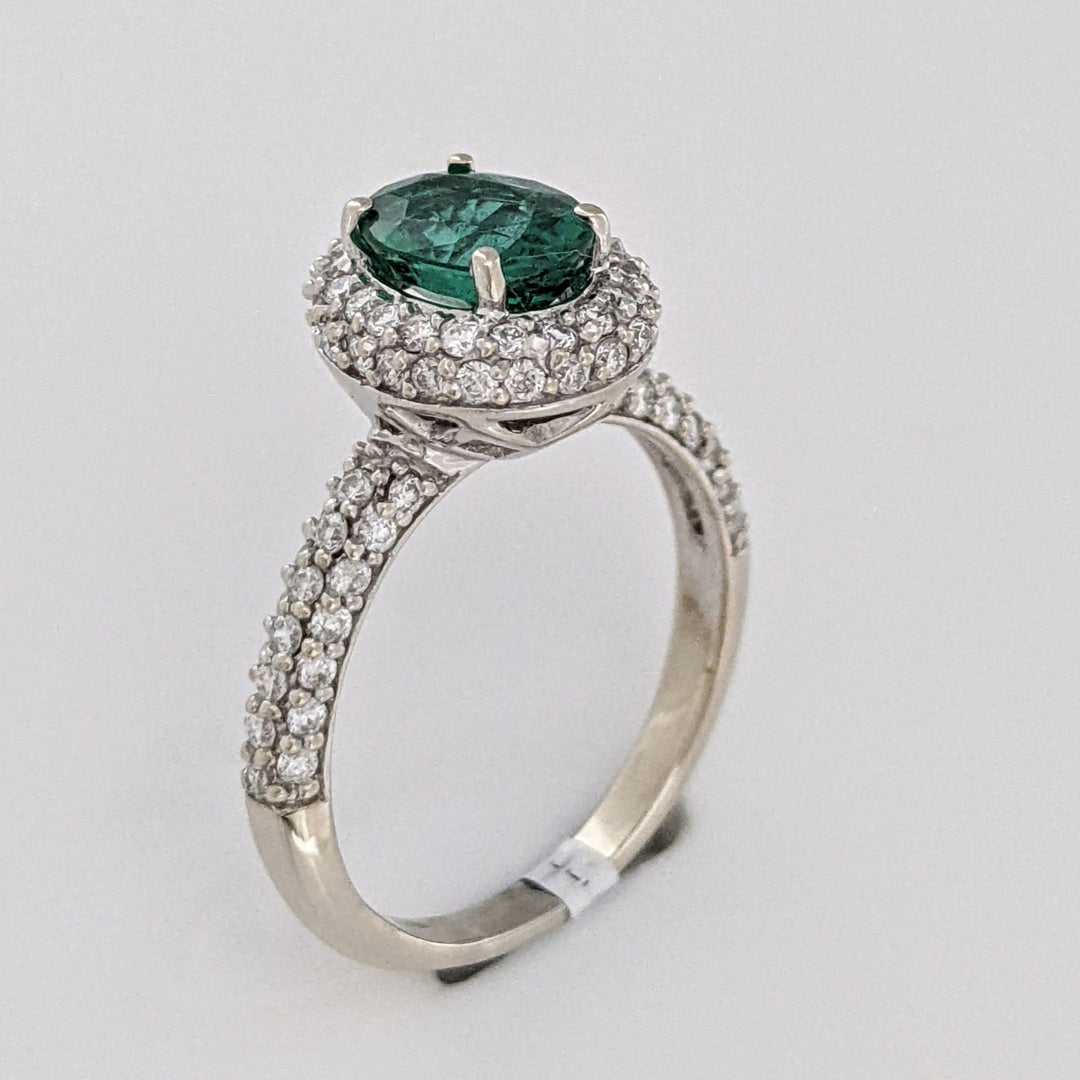 18K WHITE 1.25 CARAT TOTAL EMERALD ROUND WITH .78 DIAMOND TOTAL WEIGHT HALO ESTATE RING 4.5 GRAMS