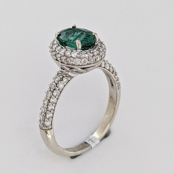 18K WHITE 1.25 CARAT TOTAL EMERALD ROUND WITH .78 DIAMOND TOTAL WEIGHT HALO ESTATE RING 4.5 GRAMS