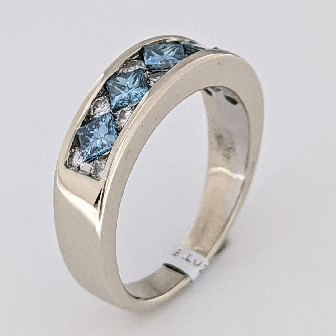 18K WHITE 1.36 CARAT TOTAL WEIGHT VS2 H DIAMOND PRINCESS CUT BLUE (5) ROUND WHITE (12) ESTATE BAND 8.1 GRAMS