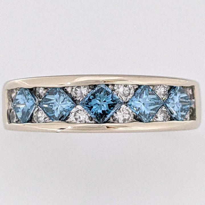 18K WHITE 1.36 CARAT TOTAL WEIGHT VS2 H DIAMOND PRINCESS CUT BLUE (5) ROUND WHITE (12) ESTATE BAND 8.1 GRAMS