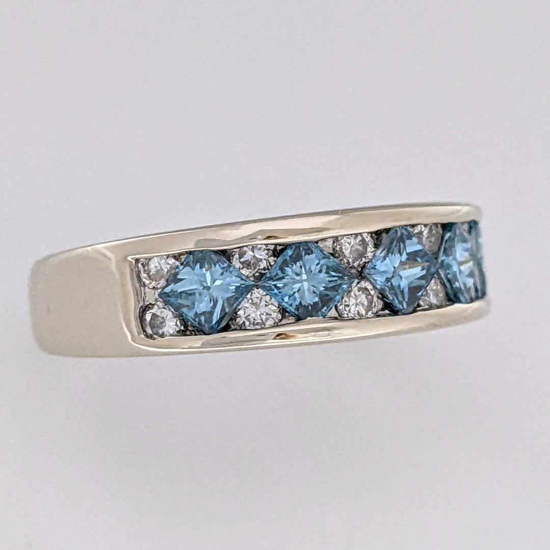 18K WHITE 1.36 CARAT TOTAL WEIGHT VS2 H DIAMOND PRINCESS CUT BLUE (5) ROUND WHITE (12) ESTATE BAND 8.1 GRAMS