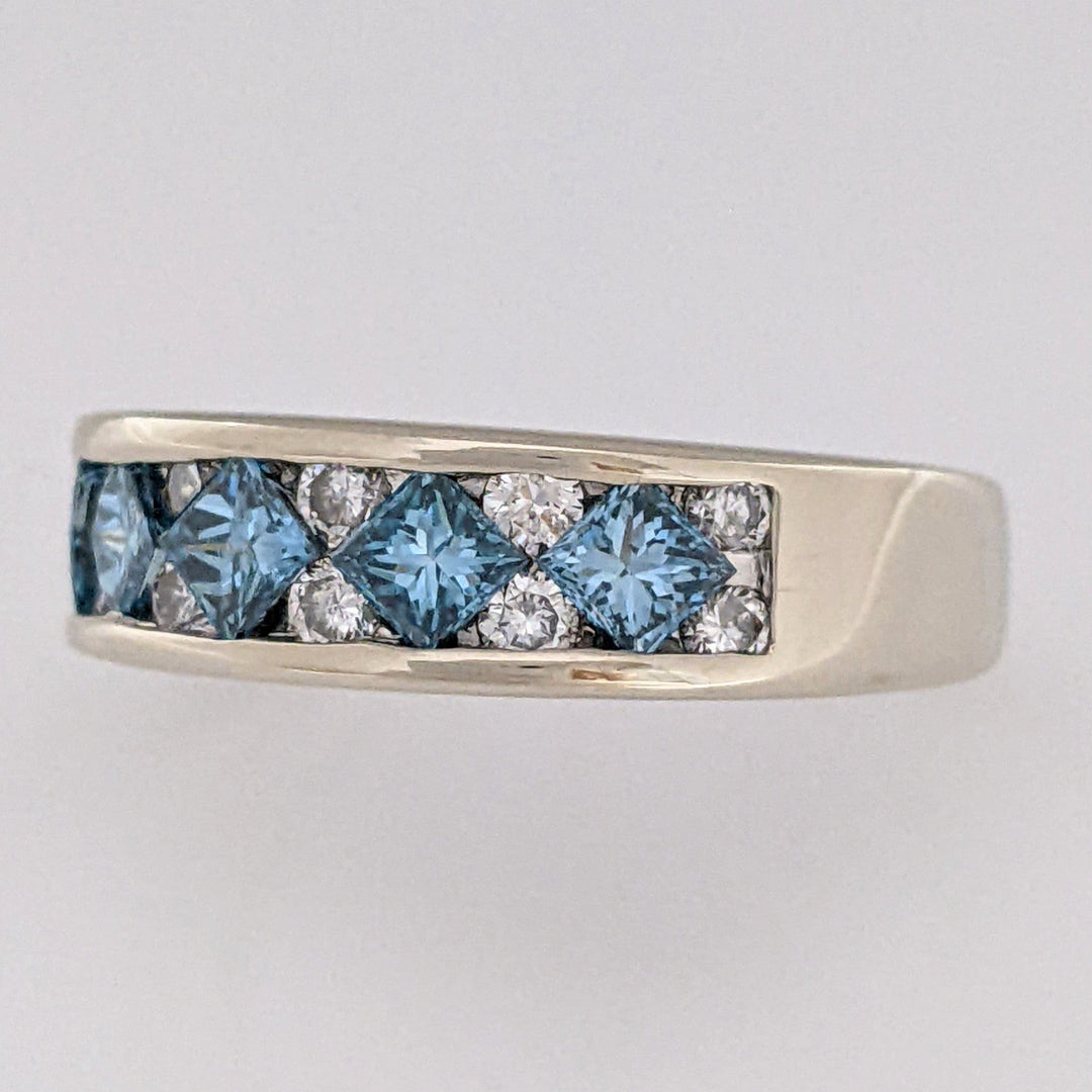 18K WHITE 1.36 CARAT TOTAL WEIGHT VS2 H DIAMOND PRINCESS CUT BLUE (5) ROUND WHITE (12) ESTATE BAND 8.1 GRAMS