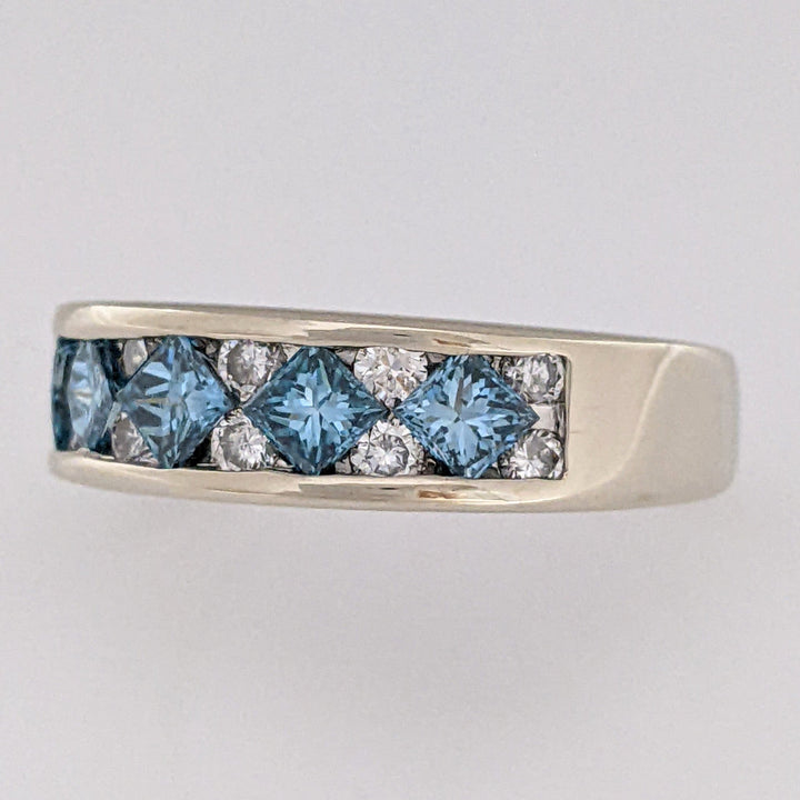 18K WHITE 1.36 CARAT TOTAL WEIGHT VS2 H DIAMOND PRINCESS CUT BLUE (5) ROUND WHITE (12) ESTATE BAND 8.1 GRAMS