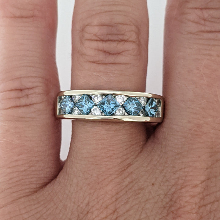 18K WHITE 1.36 CARAT TOTAL WEIGHT VS2 H DIAMOND PRINCESS CUT BLUE (5) ROUND WHITE (12) ESTATE BAND 8.1 GRAMS