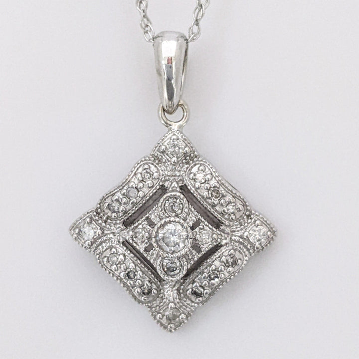 14K WHITE DIAMOND ROUND MELEE SQUARE PENDANT & CHAIN 3.1 GRAMS